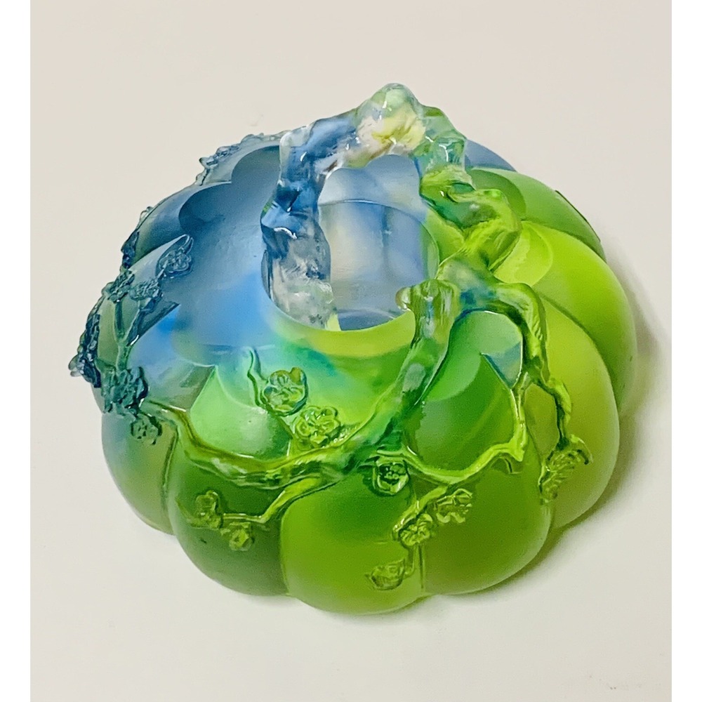 VTG '98 Liuligongfang Asian Green Blue Crystal Art Lotus Decorative Signed RARE! - Picture 11 of 12